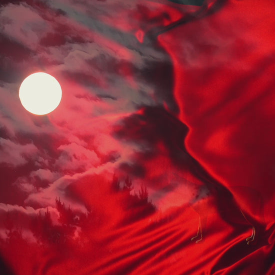 Red cloak faded over wolf howling at the moon