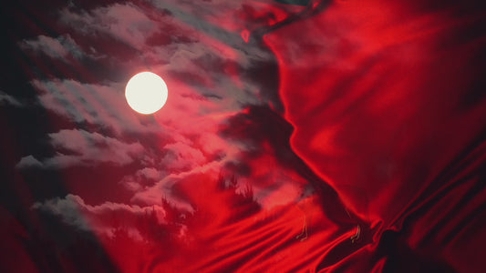 Red cloak faded over wolf howling at the moon